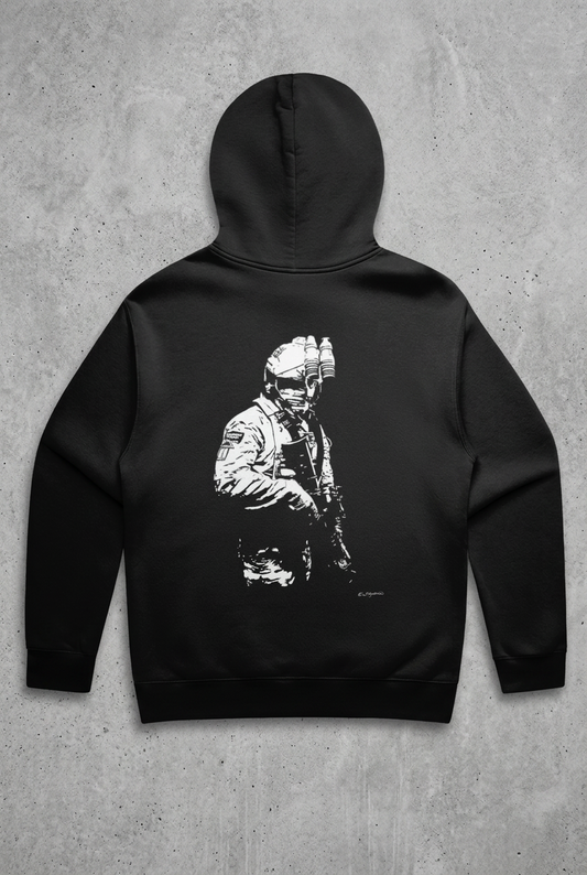 Black hoodie back with concrete background