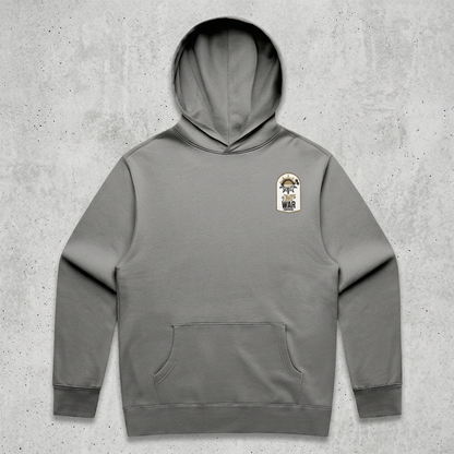 Grey hoodie front with concrete background
