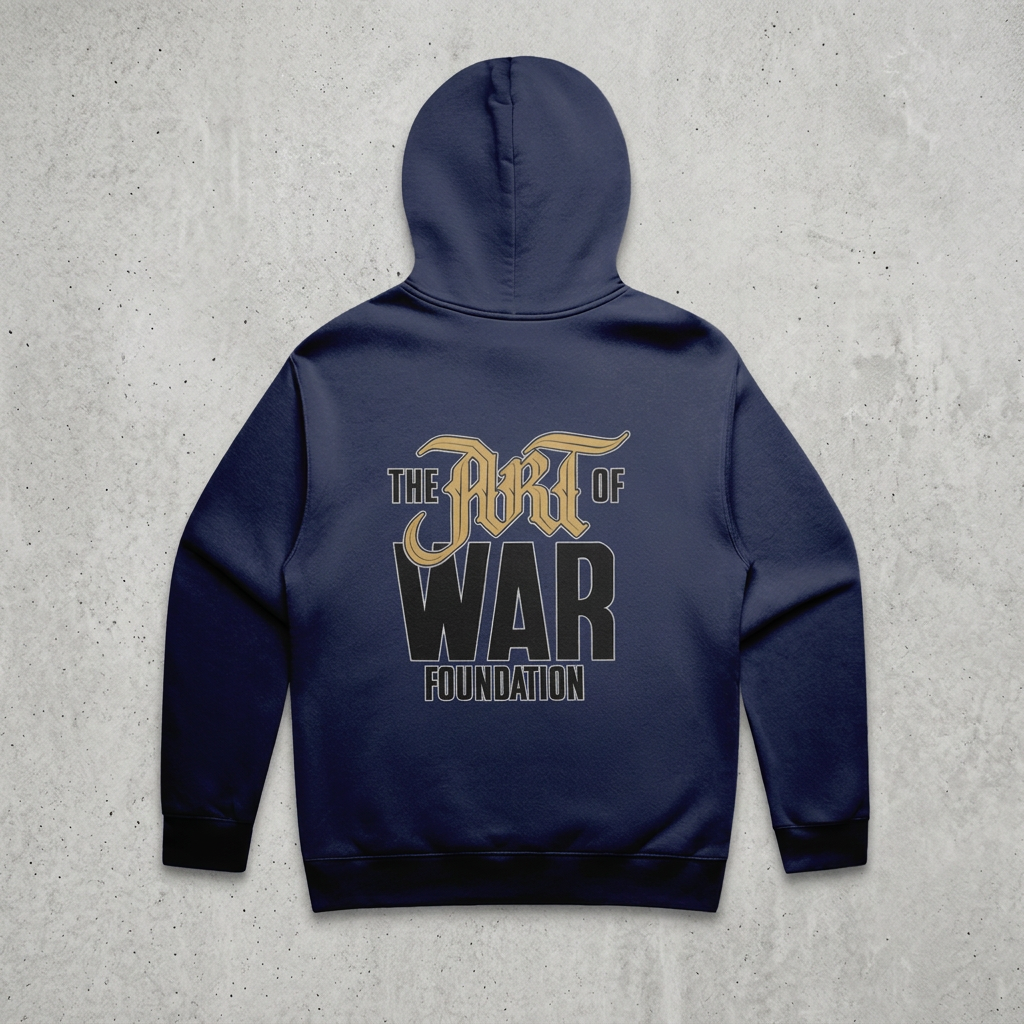 Navy hoodie back on concrete