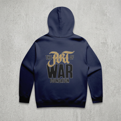 Navy hoodie back on concrete
