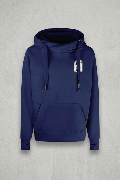 Navy hoodie with concrete background