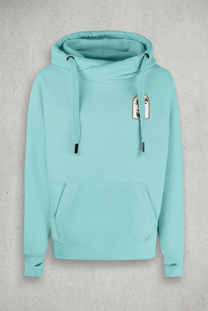 Turquoise hoodie with concrete background